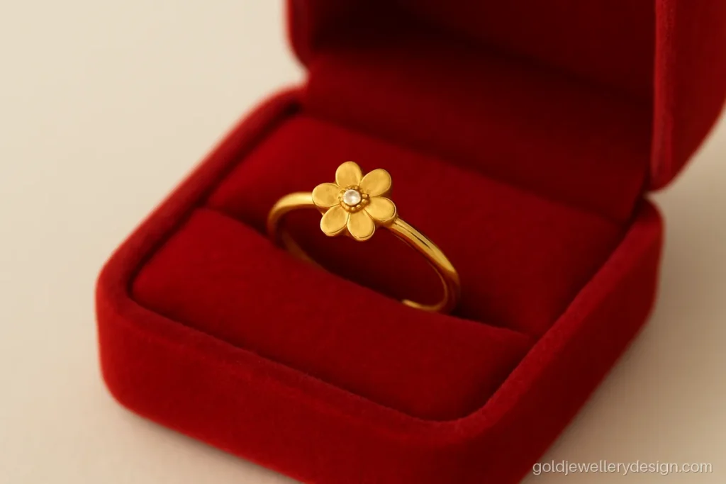 Baby girl gold ring design, adjustable with a tiny flower top