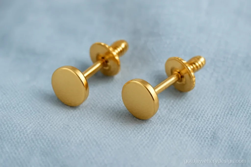 Baby boy earrings gold design, plain mini studs with a flat round top