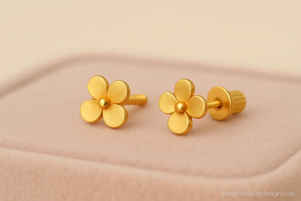 Gold flower stud earrings for a baby girl with a closed smooth back