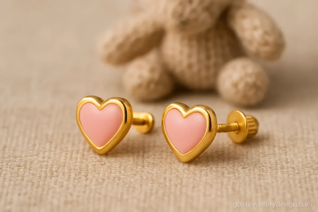 Small heart stud earrings in gold with soft pink enamel for a baby girl