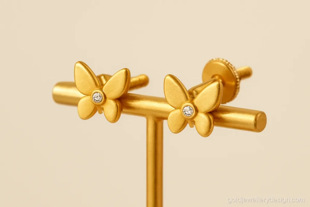 Kids earrings with a little gold butterfly and one tiny white CZ