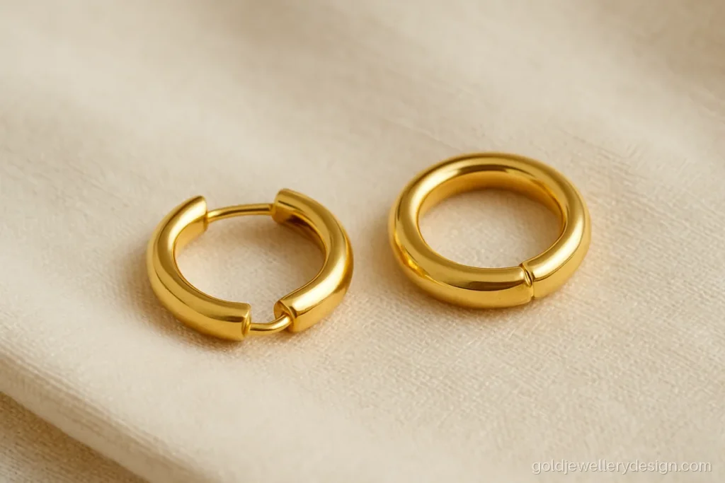 Kids earrings gold design, a small hinged bali hoop with a smooth click