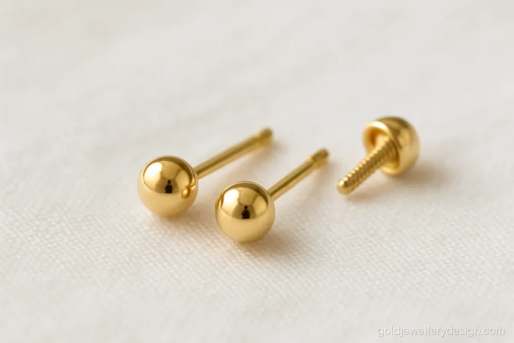 Baby girl earrings gold design, tiny round ball studs with safety screw backs
