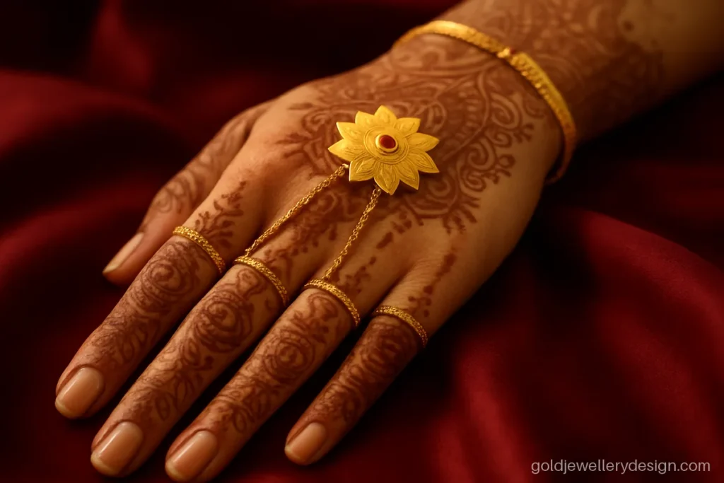 Bridal hathphool with a lotus centre, five finger rings and fine gold chains