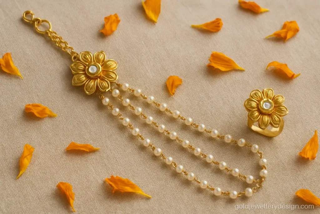 Gold hathphool design with three pearl strands linking a bracelet to a ring