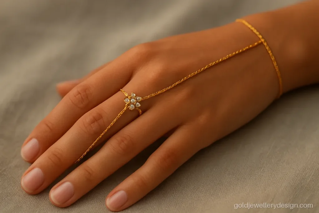 Modern gold hathful design with one ring, a thin chain and a small CZ flower