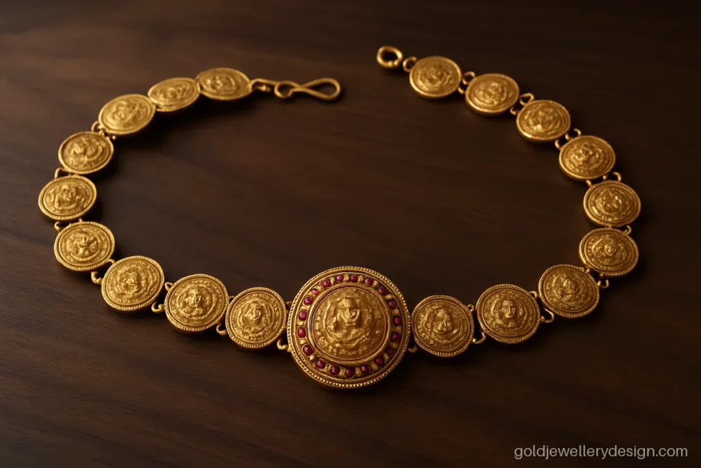 Gold kamarband design with linked coin panels and a hook and eye clasp