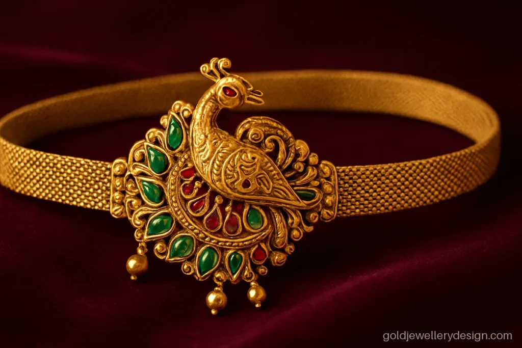 Bridal kamarband with a peacock buckle, green stones and a flexible gold mesh band