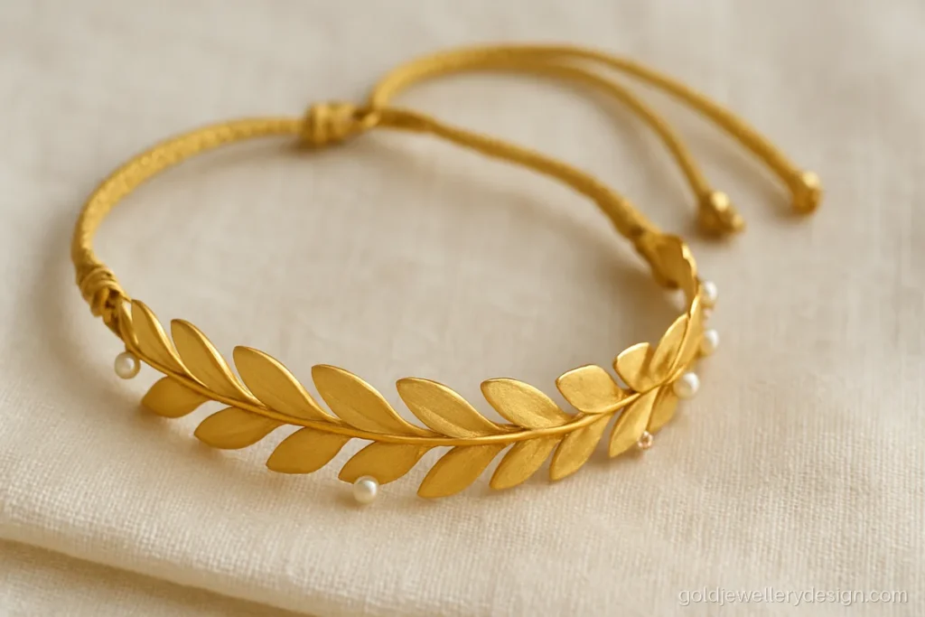Light gold bajuband design with a curved band of matte leaves and pearl tips