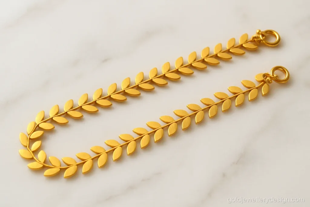 Light gold anklet with flat leaf links and a spring ring clasp