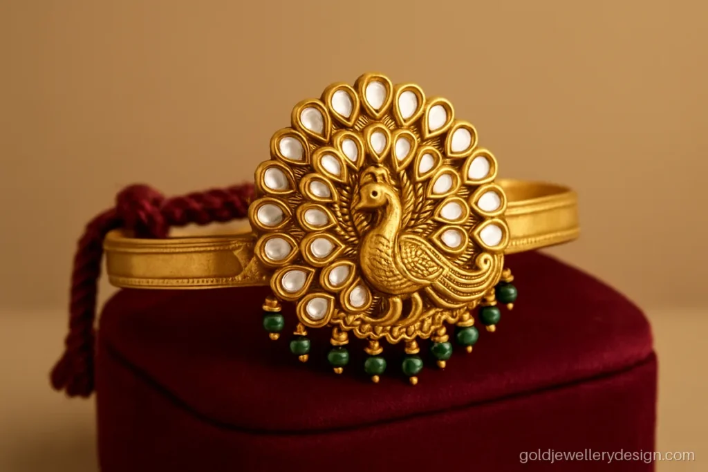 Gold bajuband design with a peacock centre and flat white stones in kundan look