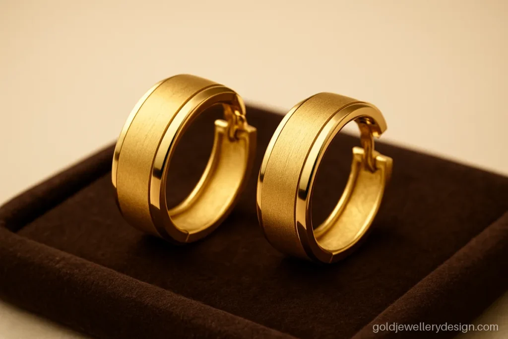 Gold bali design with a flat band, matte centre and polished edges on a velvet tray