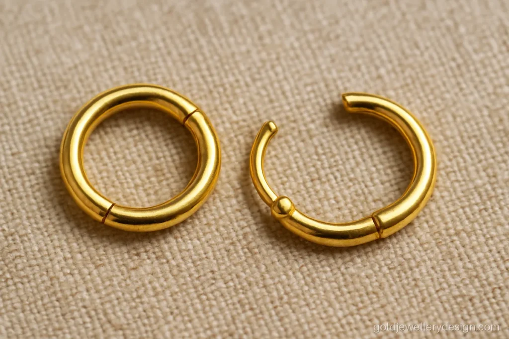 Daily wear gold bali design with a plain round tube and a hinged clicker lock