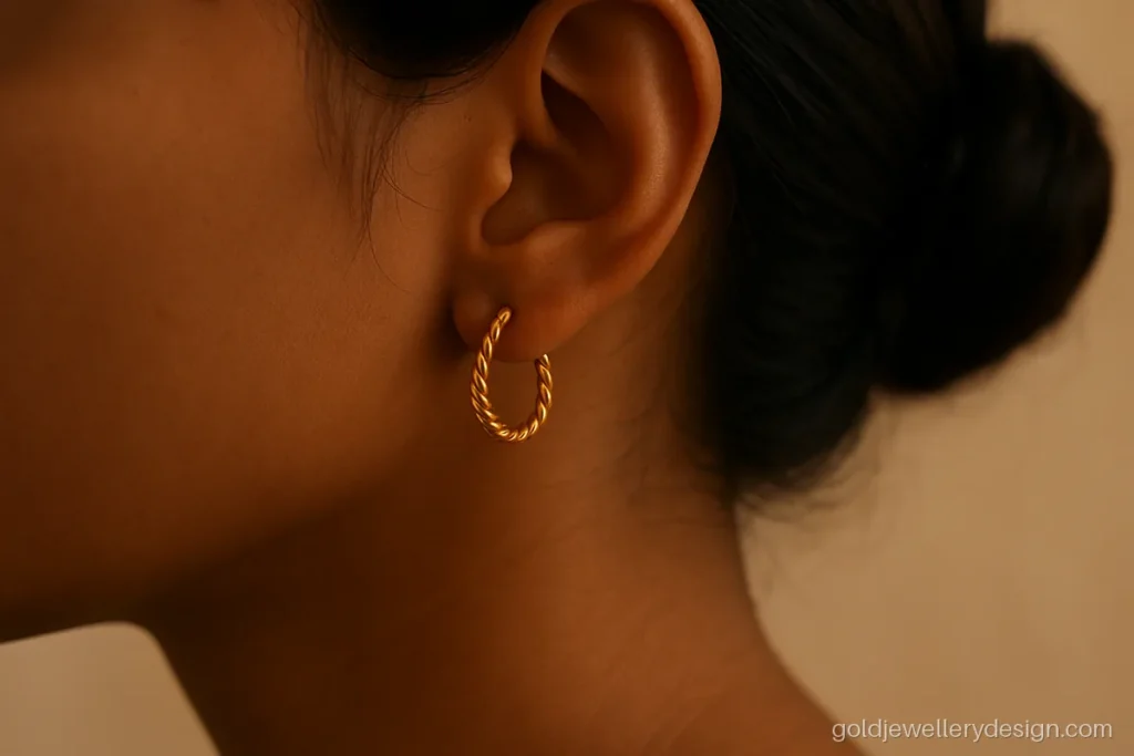 Simple daily wear new gold bali design with a twisted rope texture worn on the ear