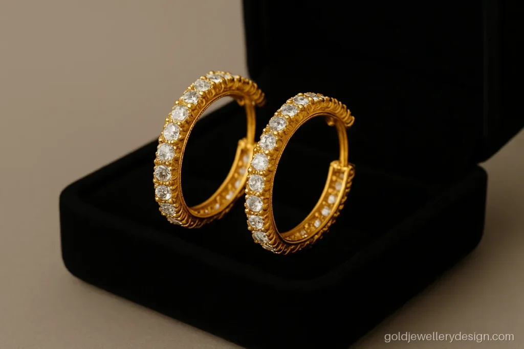 Inside out gold hoop with small CZ stones on both faces in a jewellery box