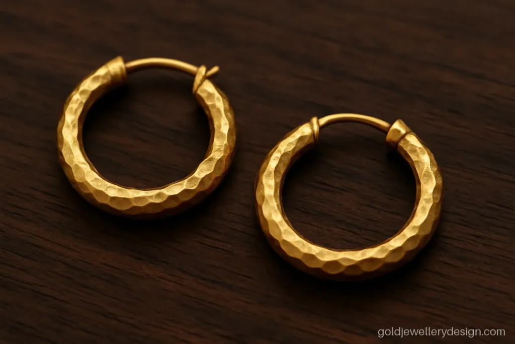 Gold hoop earrings design with a hammered texture in a medium size