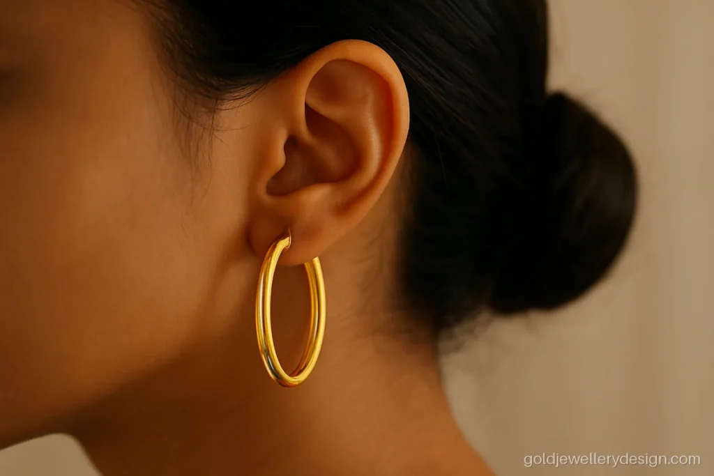 Oval gold hoop earrings design in two-tone with a white rhodium stripe worn on the ear