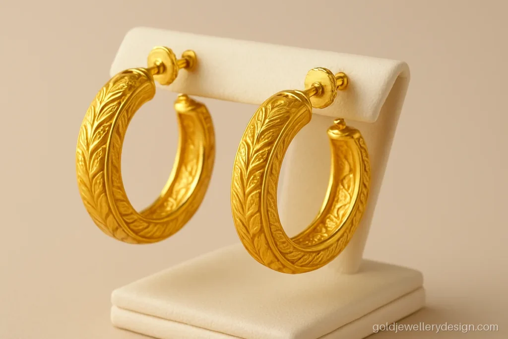 Gold kundal design with a thick round shape and engraved leaf pattern on a stand