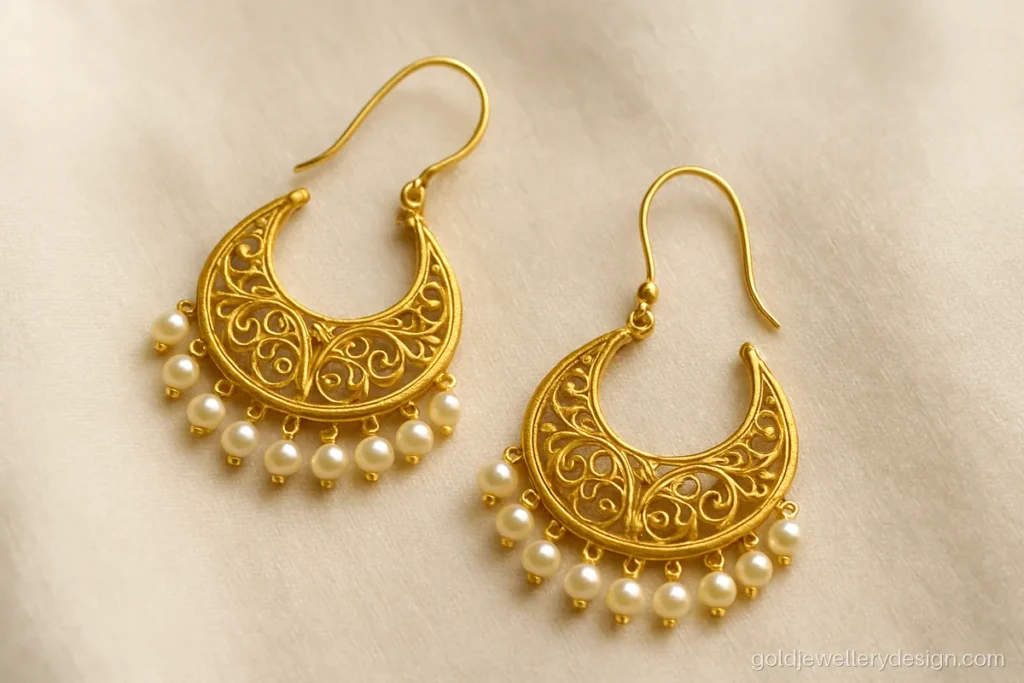 Crescent gold bali with small pearl hangings for ladies on ivory silk