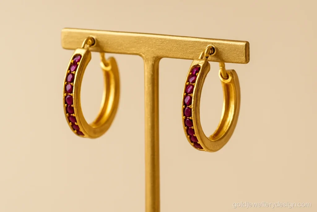 Gold bali design for ladies with a row of small rubies on the front half