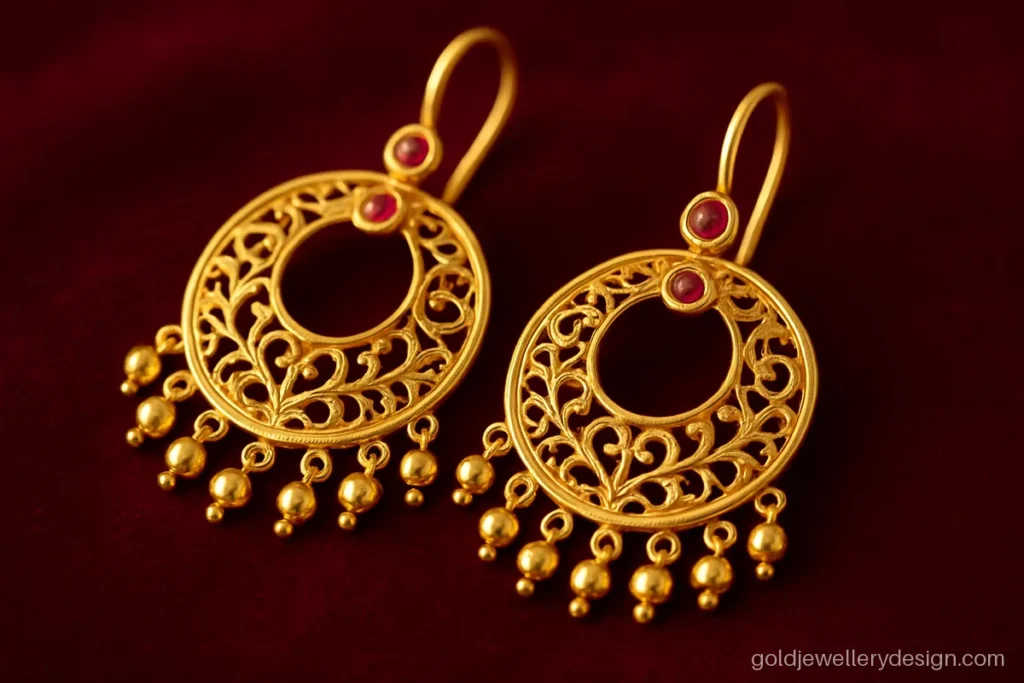 Pakistani gold bali design with large filigree work and hanging gold beads