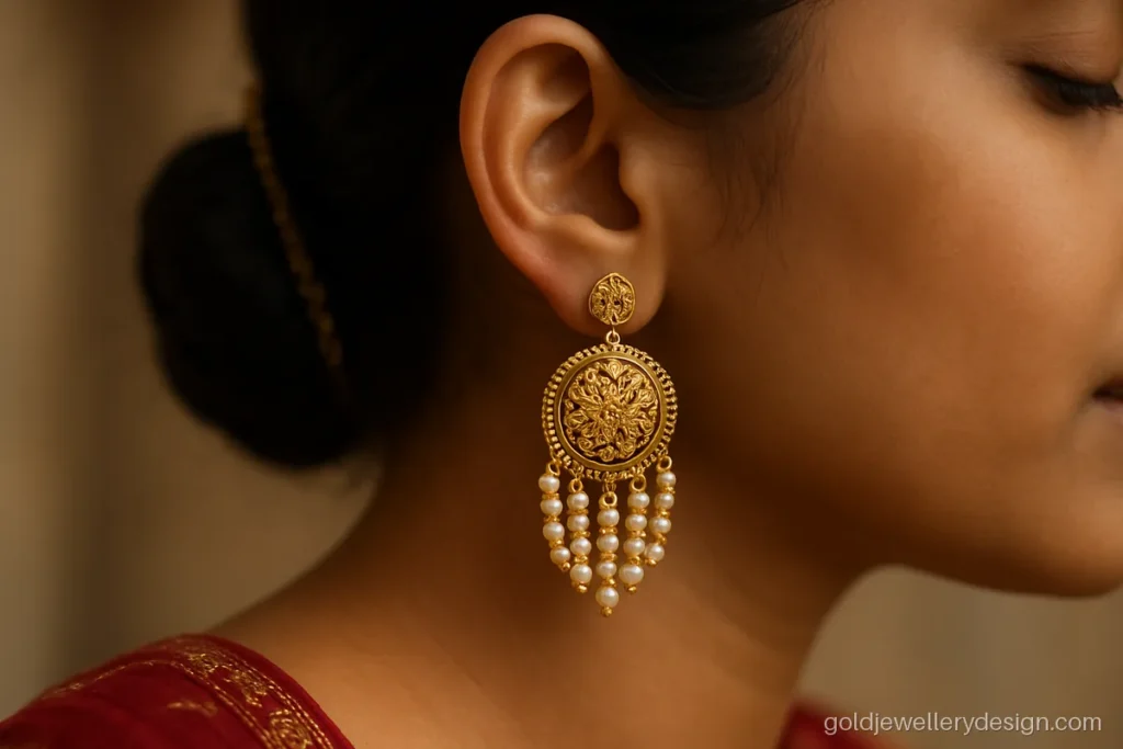 Wedding gold kaner design with pearls and a large bali shape worn with a lehenga