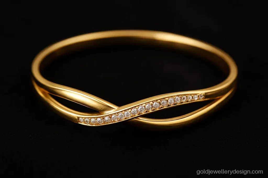 Bridal modern gold bangles design with a crossover twist and white CZ line