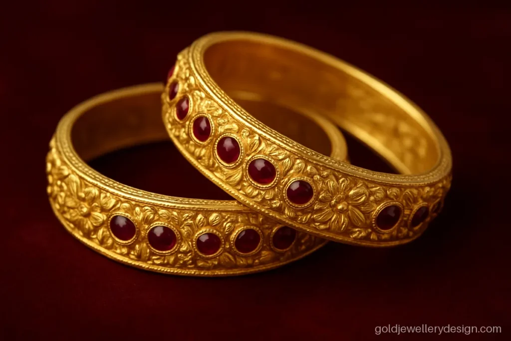Bridal gold bangles design with ruby rows and a carved floral band