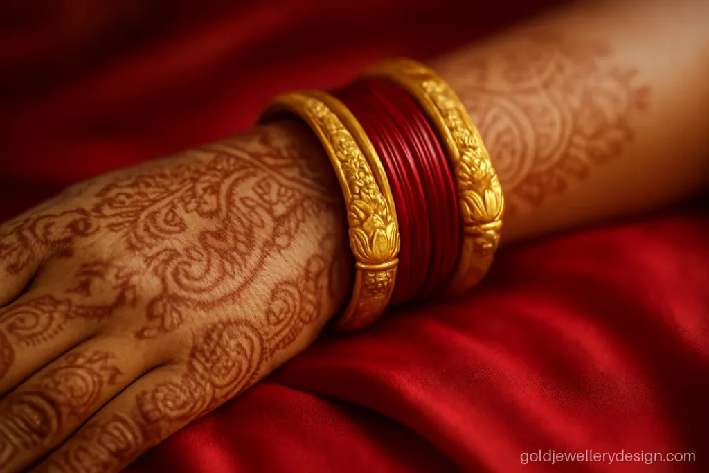 Fancy bridal gold bangles design stacked with red glass bangles on the wrist