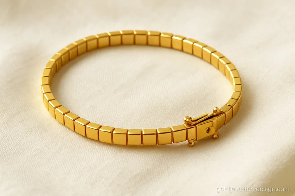 Unique gold bangles design with flexible chain links and a box clasp