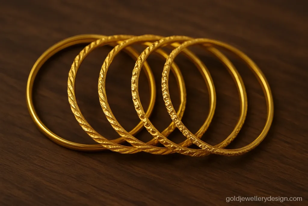 Gold chudi design set of six thin bangles with alternating textures