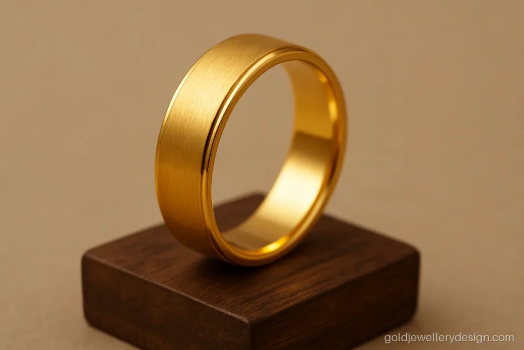 Modern flat band gold bangle design with a brushed matte surface