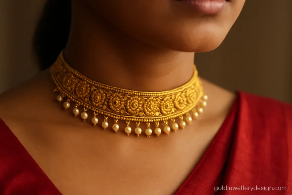 Bengali gold chik design with a carved band and a fringe of creamy pearls
