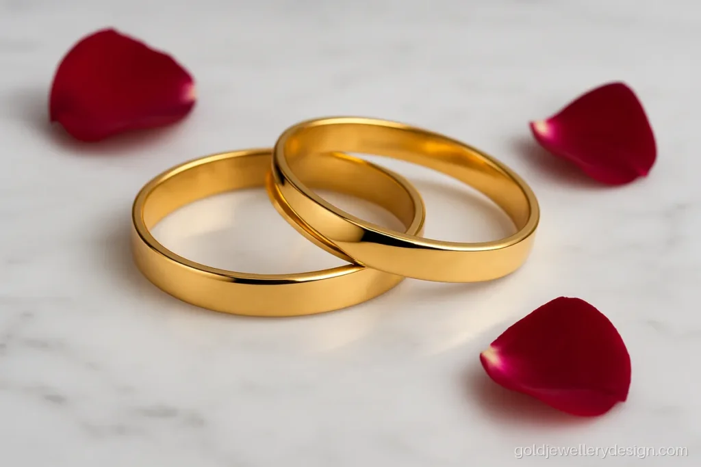Chur design gold pair with a plain flat polished band and soft edges