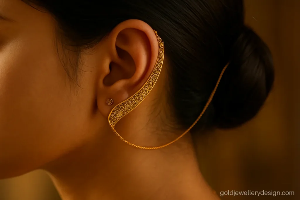 Kanbala design gold with a curved ear piece and a fine chain hooked into the hair