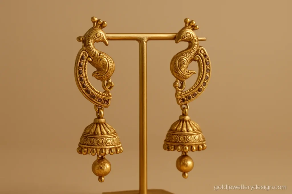 Kanbala design with a peacock top and a small jhumka bell at the lobe
