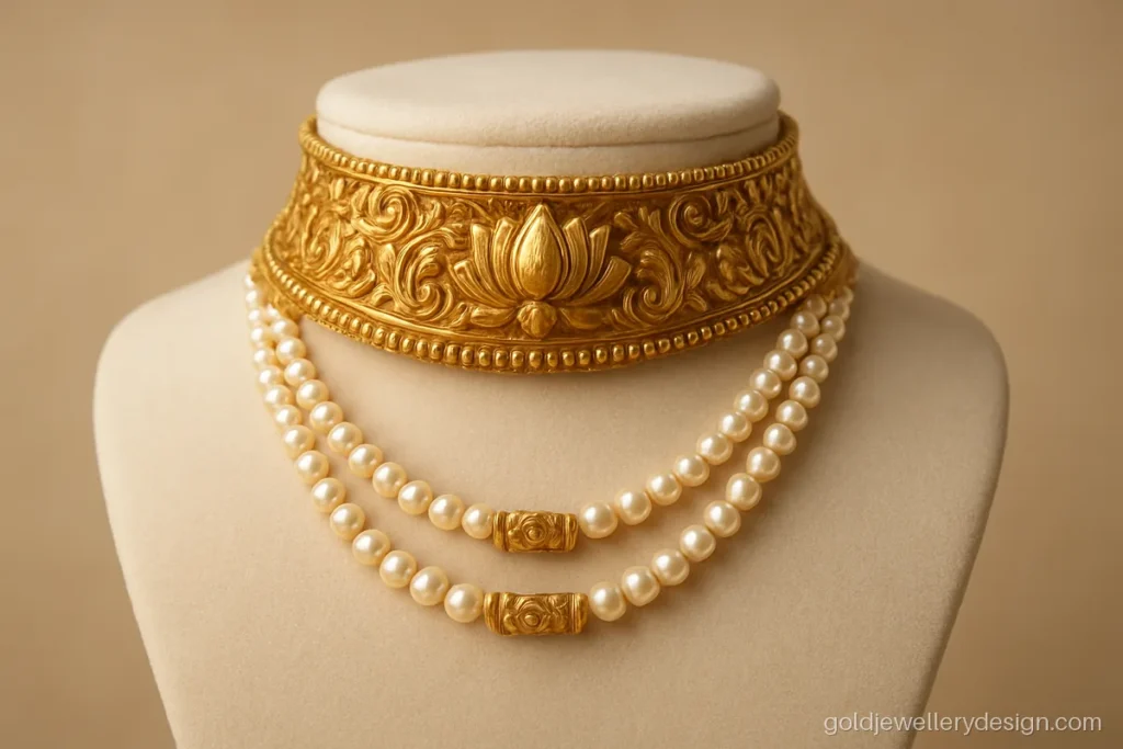Bengali pearl gold necklace design, a chik layered over strands of small pearls