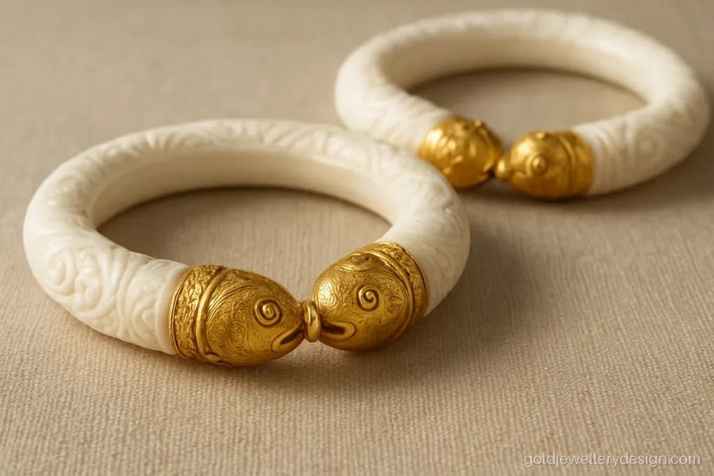 Gold sakha design with a white conch shakha and a carved gold mouth piece
