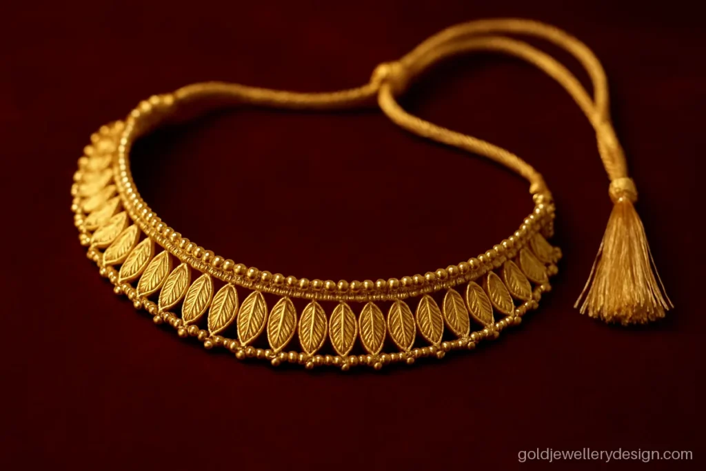Simple gold chik design with linked leaf plates for light festive wear