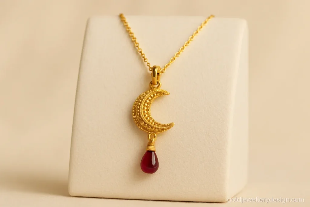 Tikli design gold with a small crescent and a single ruby drop for light wear