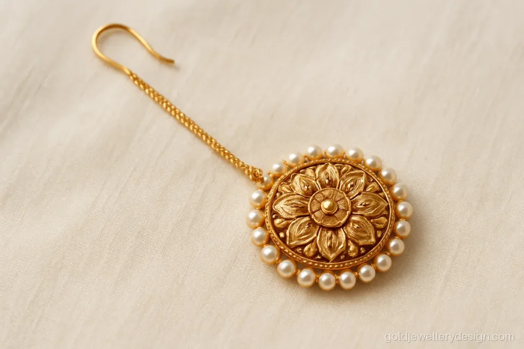 Gold tikli design with a round carved disc, pearl edge and a parting chain