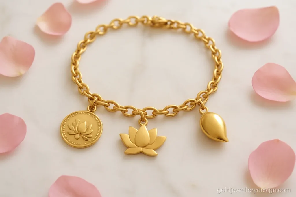 Gold charm bracelet with a coin, a lotus and a small kairi mango charm