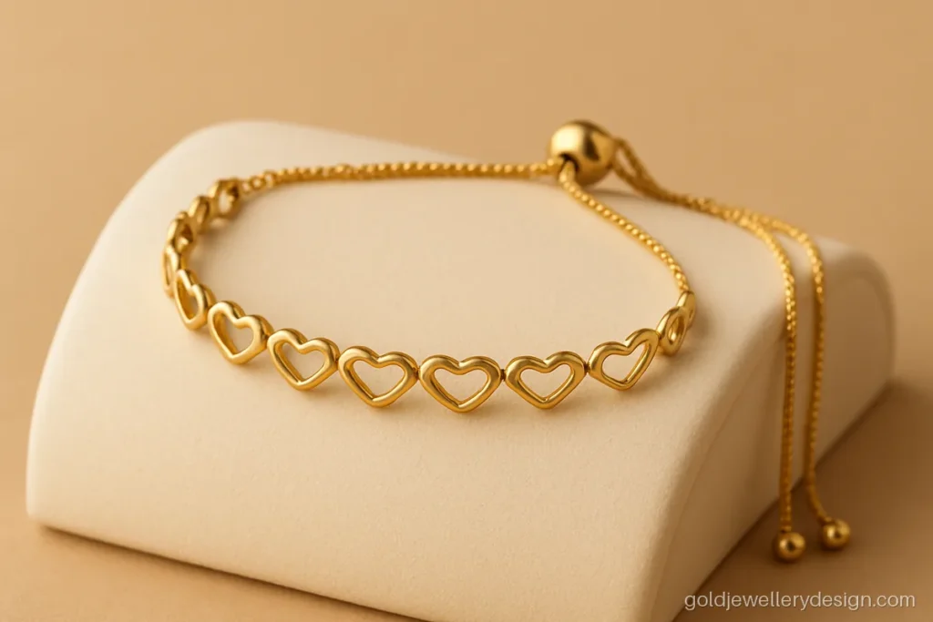Girls gold bracelet design with heart shaped links and an adjustable slider