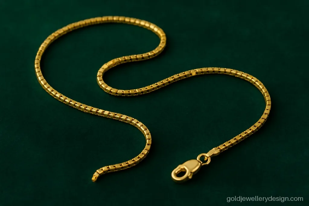 Gold chain design for women in a fine box link with a high polish finish