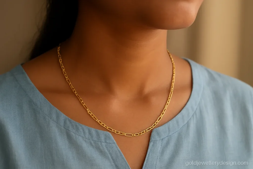 Women's gold chain design in a figaro link worn with a cotton kurta