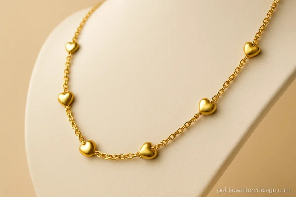 Gold chain design for girl with tiny heart stations spaced along a cable chain