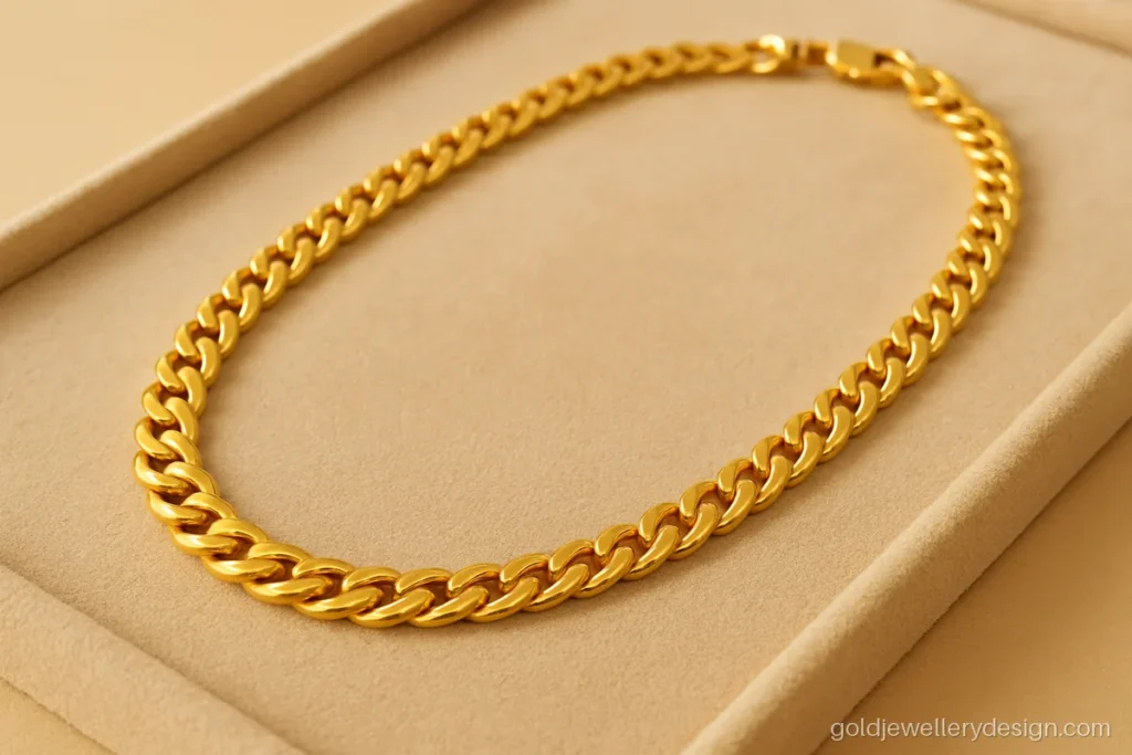 Long hollow curb link gold chain that looks bold for its weight