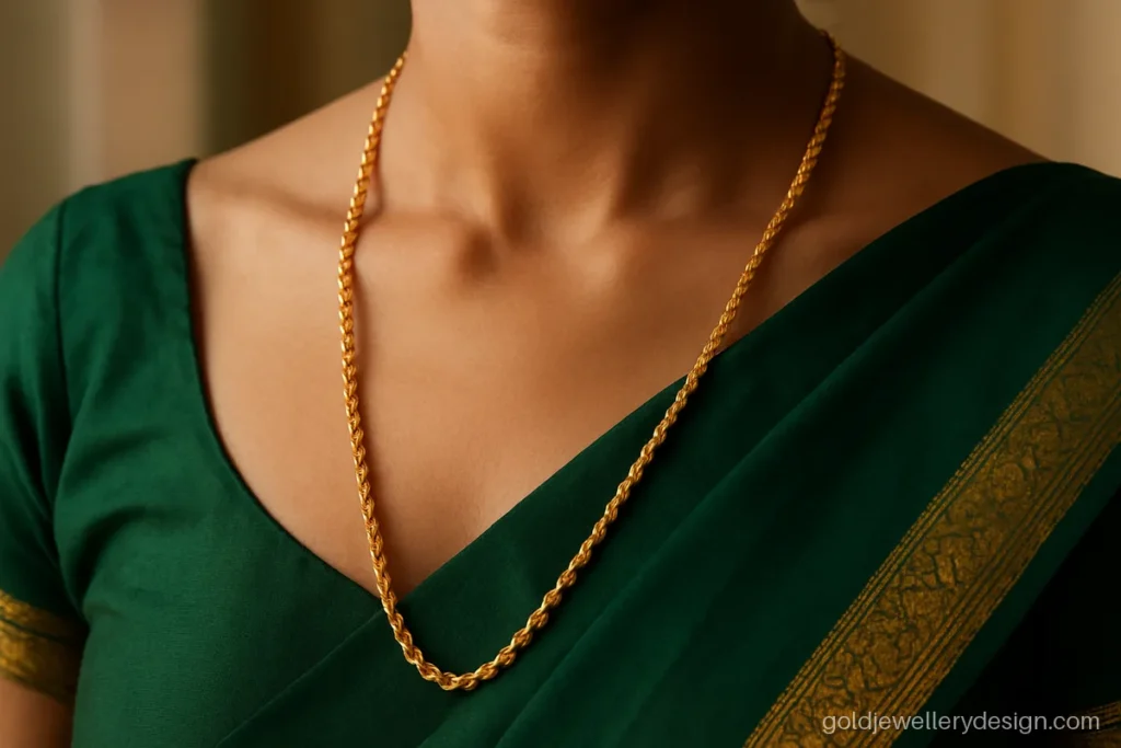 Long gold chain design in a 30 inch rope link worn with a silk saree