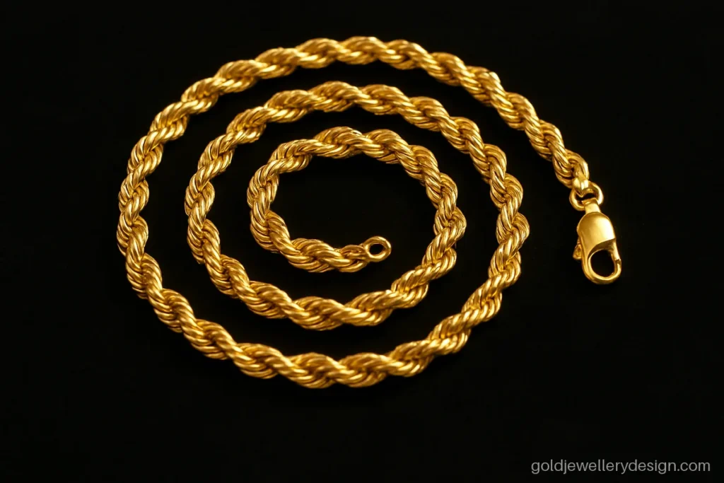 New gold chain design in a thick rope link with a bright polished twist