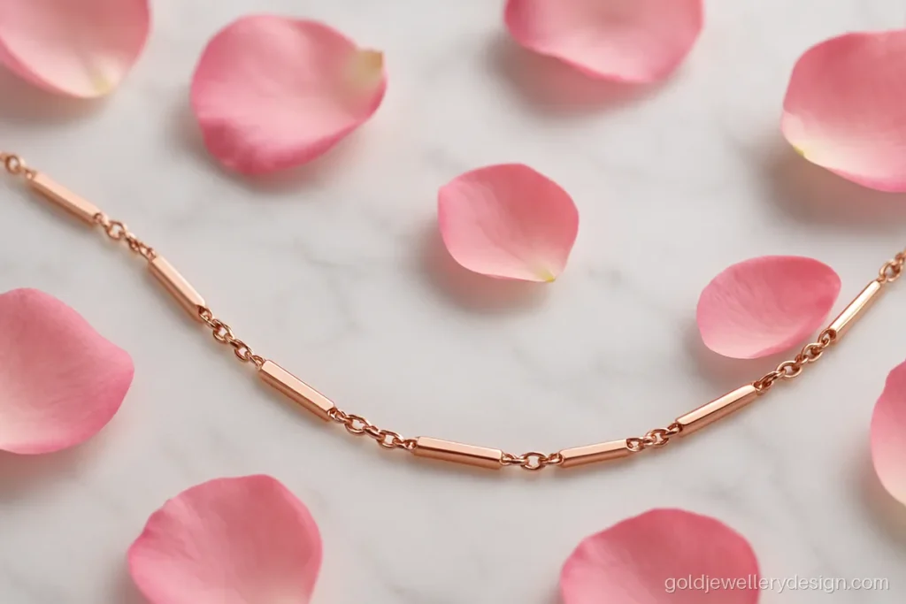 Stylish gold chain design for female buyers in rose gold with bar and round links